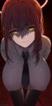  1girl artist_name bangs black_neckwear black_pants braid breasts chain chainsaw_man collared_shirt covered_nipples eyebrows_visible_through_hair gradient gradient_background highres large_breasts leaning_forward looking_at_viewer makima_(chainsaw_man) march_ab necktie pants red_background redhead ringed_eyes shadow shirt smile solo symbol_commentary white_shirt wing_collar yellow_eyes 