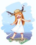  1girl :d ^_^ bangs bare_arms bare_shoulders blonde_hair blush bow brown_footwear brown_headwear closed_eyes commentary_request day dress facing_viewer fangs hat head_tilt horn_bow horn_ornament horns ibuki_suika kumamoto_(bbtonhk2) long_hair lowres oni oni_horns open_mouth outdoors pixel_art sandals sleeveless sleeveless_dress smile solo straw_hat sundress touhou very_long_hair walking white_bow white_dress wind_chime 