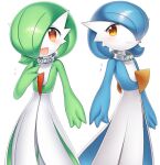  2girls alternate_color bangs blue_hair blue_skin blush bob_cut character_name closed_mouth collar colored_skin commentary eyebrows_visible_through_hair flat_chest gardevoir gen_3_pokemon green_hair green_skin hair_over_one_eye hand_on_own_chest hand_up happy looking_at_viewer lotosu mega_stone multicolored multicolored_skin multiple_girls open_mouth orange_eyes pokemon pokemon_(creature) red_eyes shiny shiny_hair shiny_pokemon short_hair simple_background smile standing translated two-tone_skin white_background white_skin 