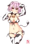  1girl alternate_costume animal_ears animal_print artist_logo bell bikini breasts brown_eyes commentary_request cow_ears cow_horns cow_print cow_tail cowbell cowboy_shot dated elbow_gloves fake_animal_ears fake_horns gloves groin hair_intakes highres horns kanon_(kurogane_knights) kantai_collection looking_at_viewer lowleg lowleg_bikini medium_breasts one-hour_drawing_challenge paw_pose pink_hair short_hair side-tie_bikini simple_background solo swimsuit tail tama_(kancolle) thigh-highs white_background white_bikini white_gloves white_legwear 