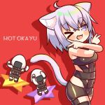  &gt;_o 1girl 2others :3 ahoge animal_ears breasts cat_ears cat_girl cat_tail double_v hololive medium_breasts meopen429 multiple_others nekomata_okayu one_eye_closed onigirya_(nekomata_okayu) purple_hair red_background shadow tail v violet_eyes 