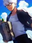  1boy archer_(fate) bag black_jacket clouds collarbone dark-skinned_male dark_skin fate/grand_order fate_(series) fingernails food fruit glasses grey_eyes highres holding holding_bag jacket male_focus official_alternate_costume open_clothes open_jacket outdoors pants paper_bag pineapple ribbed_shirt shirt short_hair solo summer_casual_(fate) tamayan_(tmyaaa_tk) white_hair white_shirt 