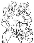  2girls absurdres apoloniodraws belt bodysuit breast_press greyscale hair_bun hand_on_another&#039;s_face hand_on_hip highres jett_(valorant) mask monochrome mouth_mask multiple_girls symmetrical_docking valorant viper_(valorant) 