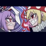  2girls @_@ animal_ears blonde_hair blouse clownpiece fire hat helltaker multiple_girls necktie polka_dot purple_hair rabbit_ears red_eyes reisen_udongein_inaba sharp_teeth sweatdrop teeth torch touhou warugaki_(sk-ii) 