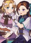  2girls blonde_hair blouse bow bowtie brown_hair cake cupcake dress eyebrows_behind_hair eyebrows_visible_through_hair flower food gloves green_eyes hair_flower hair_ornament hairclip jewelry katarina_claes long_hair maria_campbell multiple_girls open_mouth otome_game_no_hametsu_flag_shika_nai_akuyaku_reijou_ni_tensei_shite_shimatta ribbon shirt short_hair sleeveless sleeveless_shirt smile upper_body violet_eyes white_gloves wokaoriwo yuri 