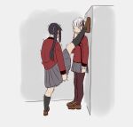  2girls blush braid character_request crispykodraws english_commentary hand_on_own_chin hyakkaou_academy_uniform kakegurui momobami_kirari multiple_girls split standing standing_on_one_leg standing_split twin_braids wall_slam white_hair yuri 