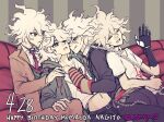  4boys :q ass bangs belt black_belt black_pants brown_jacket brown_pants chain chained character_name closed_eyes collar collarbone dangan_ronpa_(series) dangan_ronpa_2:_goodbye_despair dangan_ronpa_3_(anime) dangan_ronpa_another_episode:_ultra_despair_girls dated english_commentary grey_hair hand_up happy_birthday heart holding holding_chain hope&#039;s_peak_academy_school_uniform jacket komaeda_nagito looking_at_another messy_hair metal_collar mixed-language_commentary multiple_boys multiple_persona navel necktie open_mouth pants print_shirt red_neckwear school_uniform shirt sitting smile stomach tongue tongue_out yandr4hope 