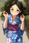  1girl absurdres bangs black_hair blue_kimono blurry blurry_background blush brown_eyes closed_mouth day depth_of_field floral_print forehead hair_tie hands_up highres japanese_clothes kimono long_hair looking_at_viewer matsunaga_kouyou nose_blush obi original outdoors parted_bangs print_kimono sash short_sleeves smile solo twintails wide_sleeves 