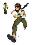  1boy adidas apoloniodraws belt ben_10 benjamin_kirby_tennyson black_scarf brown_hair derivative_work full_body green_eyes green_pants highres male_focus omnitrix pants running scarf shoes simple_background sneakers watch white_background white_footwear 