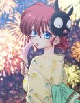  1girl blue_eyes eyeshadow festival fireworks japanese_clothes kimono makeup mask p-chan ranma-chan ranma_1/2 redhead saotome_ranma solo uehara_doh yukata 