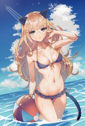  1girl animal_ears ball beachball bikini bikini_skirt blonde_hair blue_bikini blush breasts cat_ears cat_tail collarbone doromaso eyebrows_visible_through_hair glasses highres long_hair looking_at_viewer navel ocean open_mouth outdoors perrine_h._clostermann shiny shiny_hair sky small_breasts solo standing strike_witches swimsuit tail world_witches_series yellow_eyes 