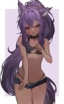  1girl :o animal_ear_fluff animal_ears bare_arms bare_shoulders bikini black_bikini breasts brown_collar collar commission cowboy_shot hair_between_eyes heoningu highres lifted_by_self long_hair looking_at_viewer micro_shorts navel original ponytail pulled_by_self purple_hair shorts small_breasts solo stomach swimsuit thigh_gap two-tone_background very_long_hair violet_eyes 
