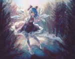  1girl blue_bow blue_dress blue_eyes blue_hair bow bowtie cirno closed_mouth collared_shirt commentary dress eyebrows_visible_through_hair forest frilled_sleeves frills full_body hair_bow ice ice_wings looking_at_viewer nature outdoors puffy_short_sleeves puffy_sleeves red_bow red_bowtie sachina_417 shirt short_hair short_sleeves smile socks solo touhou white_legwear white_shirt wings 