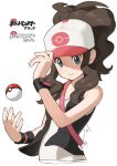  1girl antenna_hair bag baseball_cap between_breasts blue_eyes breasts brown_hair closed_mouth cropped_torso hair_over_shoulder hand_on_headwear handbag hat highres hilda_(pokemon) long_hair looking_at_viewer omaru_gyuunyuu poke_ball poke_ball_(basic) pokemon pokemon_(game) pokemon_bw ponytail serious small_breasts solo strap_between_breasts upper_body watch watch wristband 