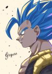  1boy bangs blue_eyes blue_hair character_name closed_mouth coffeelove68 dragon_ball dragon_ball_super dragon_ball_super_broly from_side gogeta highres male_focus metamoran_vest muscular short_hair smile spiky_hair super_saiyan super_saiyan_blue upper_body yellow_background 