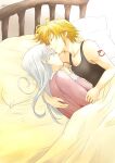  1boy 1girl arm_tattoo bangs bed black_tank_top blonde_hair closed_eyes collarbone couple elizabeth_liones hair_between_eyes harumiya hetero long_hair long_sleeves lying meliodas nanatsu_no_taizai on_side pillow pink_shirt profile shiny shiny_hair shirt short_hair silver_hair sleeping straight_hair tank_top tattoo under_covers upper_body 