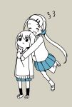  2girls :d :t ^_^ alternate_height annoyed bangs blazer blue_scrunchie blue_skirt blush buttons closed_eyes collared_shirt commentary_request dot_nose forehead full_body glomp grey_background hair_ornament hair_scrunchie hairclip happy highres hitoribocchi_no_marumaru_seikatsu hug hug_from_behind jacket jumping katsuwo_(cr66g) long_hair long_sleeves mole mole_under_eye multiple_girls open_mouth partially_colored pleated_skirt pout school_uniform scrunchie shirt shoes short_hair simple_background skirt sleeves_past_fingers sleeves_past_wrists smile socks sotoka_rakita split_mouth standing sunao_nako sweater uwabaki very_long_hair 