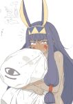  1girl anger_vein animal_ears bangs banned_artist breasts dark-skinned_female dark_skin earrings facepaint facial_mark fate/grand_order fate_(series) hairband highres hoop_earrings jackal_ears jewelry long_hair looking_at_viewer low-tied_long_hair medium_breasts mo_(kireinamo) nitocris_(fate) nude pillow pillow_hug purple_hair sidelocks sweat tearing_up very_long_hair violet_eyes 