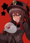  :o absurdres breasts brown_hair chinese_clothes closed_eyes fang genshin_impact ghost hako_reeema highres hu_tao_(genshin_impact) long_sleeves red_background red_eyes simple_background smile twintails 