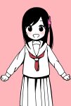  1girl :d alternate_costume arms_at_sides bangs clenched_hands commentary_request dot_nose flower hair_flower hair_ornament happy highres hitori_bocchi hitoribocchi_no_marumaru_seikatsu katsuwo_(cr66g) light_blush long_hair long_sleeves looking_at_viewer neckerchief open_mouth partially_colored pink_background pink_flower pleated_skirt red_neckwear sailor_collar school_uniform serafuku shirt side_ponytail simple_background skirt smile solo split_mouth standing 