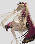  1girl absurdres bangs bare_legs barefoot black_dress black_nails blonde_hair cape cotta_(heleif) dress earrings ereshkigal_(fate) eyebrows_visible_through_hair fate/grand_order fate_(series) from_side full_body grey_background hair_ribbon hand_in_hair highres jewelry long_hair looking_at_viewer orange_eyes red_cape red_ribbon ribbon short_dress simple_background solo tassel tiara twintails two_side_up very_long_hair 