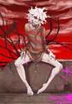  1boy :d bangs bare_legs barefoot chain clouds collar collarbone dangan_ronpa_(series) dangan_ronpa_another_episode:_ultra_despair_girls english_commentary grey_hair hands_on_own_thighs injury komaeda_nagito looking_at_viewer male_focus metal_collar mixed-language_commentary open_mouth pink_blood red_nails red_sky shirt sitting sky sleeves_past_wrists smile solo striped striped_shirt upper_teeth yandr4hope 