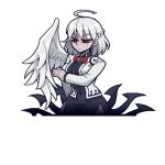  1girl ahoge bow bowtie braid breasts dress feathered_wings helltaker jacket kishin_sagume long_sleeves purple_dress red_eyes short_hair silver_hair single_wing solo touhou warugaki_(sk-ii) wings 