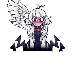  1girl ahoge blush bow bowtie braid breasts dress feathered_wings helltaker jacket kishin_sagume long_sleeves mole o_o purple_dress red_eyes short_hair silver_hair single_wing solo tears touhou warugaki_(sk-ii) wings 