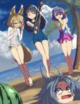  4girls animal_ears beach clouds food fox_ears fox_girl fruit highres himemushi_momoyo iizunamaru_megumu kudamaki_tsukasa medium_hair multicolored multicolored_clothes multiple_girls shope short_hair swimsuit tail tenkyuu_chimata touhou tripod watermelon 