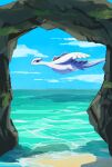  arch black_eyes closed_mouth clouds commentary_request day flying gen_2_pokemon highres legendary_pokemon looking_back lugia mo~zu no_humans outdoors pokemon pokemon_(creature) sky smile solo water 