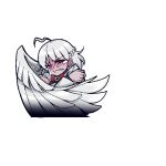  1girl ahoge blush bow braid crossed_arms crying helltaker jewelry kishin_sagume one_eye_closed pendant red_eyes short_hair silver_hair single_wing solo touhou warugaki_(sk-ii) wings 