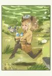  2girls animal_ears bare_shoulders beige_shirt black_gloves black_legwear bow bowtie brown_neckwear brown_shorts capybara_(kemono_friends) capybara_girl commentary_request elbow_gloves extra_ears eyebrows_visible_through_hair fanta_(the_banana_pistols) fingerless_gloves fish fur_collar gloves grey_gloves grey_hair grey_legwear grey_swimsuit highres japari_symbol kemono_friends long_sleeves looking_at_viewer multicolored_hair multiple_girls one-piece_swimsuit otter_ears otter_girl otter_tail pantyhose puffy_sleeves running short_hair shorts sleeveless small-clawed_otter_(kemono_friends) swimming swimsuit tail thigh-highs two-tone_hair two-tone_swimsuit underwater white_fur white_hair white_swimsuit zettai_ryouiki 