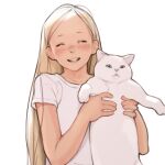  1girl :d animal blonde_hair blush cat child closed_eyes facing_viewer highres holding holding_animal holding_cat long_hair luimiart open_mouth original shirt short_sleeves simple_background smile solo white_background white_cat white_shirt 
