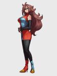  1girl android_21 asymmetrical_footwear blue_eyes blue_footwear breasts checkered checkered_dress dragon_ball dragon_ball_fighterz dress full_body glasses grey_background kemachiku large_breasts long_hair looking_at_viewer mismatched_footwear red_footwear redhead simple_background solo standing 