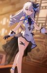  1girl 3d :d absurdres architecture bangs bare_shoulders black_gloves breasts bronya_zaychik china_dress chinese_clothes dress earrings east_asian_architecture gloves grey_eyes grey_hair hair_between_eyes hair_ornament highres honkai_(series) honkai_impact_3rd jewelry looking_at_viewer official_art open_mouth small_breasts smile teeth twintails white_dress 