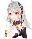  1girl 7160824 alternate_costume aqua_hair artist_name bare_shoulders blush breasts closed_mouth earrings eyebrows_visible_through_hair girls_frontline hair_ribbon highres jewelry large_breasts long_hair looking_at_viewer ltlx_7000_(girls_frontline) mole mole_on_breast red_eyes ribbon solo white_background 