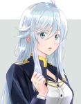  1girl 86_-eightysix- ahoge bangs blue_eyes breasts clenched_hand commentary_request gradient gradient_background grey_background hair_between_eyes hinata2325 long_hair military military_jacket military_uniform open_mouth portrait shirt sidelocks silver_hair solo straight_hair uniform upper_body vladilena_millize white_background white_hair white_shirt 