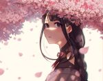  1girl artist_name bangs cherry_blossoms commentary english_commentary eyebrows_visible_through_hair falling_petals flower from_side genshin_impact highres japanese_clothes long_hair looking_at_viewer minchik mole mole_under_eye open_mouth petals pink_flower purple_hair raiden_(genshin_impact) ribbon simple_background solo violet_eyes white_background 