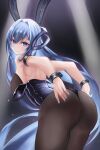 1girl absurdly_long_hair absurdres animal_ears arm_strap ass azur_lane black_legwear black_leotard blue_eyes blue_hair bodystocking breasts fake_animal_ears from_behind highleg highleg_leotard highres huge_filesize large_breasts leotard long_hair looking_at_viewer looking_back new_jersey_(azur_lane) new_jersey_(exhilarating_steps!)_(azur_lane) official_alternate_costume oversized_breast_cup pantyhose playboy_bunny rabbit_ears sazuna_(user_gepn5443) solo stage_lights strapless strapless_leotard thighs very_long_hair 