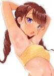  1girl armpits arms_behind_head arms_up bangs bikini blush breasts brown_hair highres looking_at_viewer midriff open_mouth original sak1023 small_breasts stretch sweat swimsuit tan twintails violet_eyes white_background yellow_bikini 