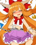  1girl bangs blush bow closed_eyes cuffs eyebrows_visible_through_hair hair_bow highres horns ibuki_suika ini_(inunabe00) long_hair low-tied_long_hair metal_belt neckerchief open_mouth orange_hair orb purple_skirt pyramid red_bow ribbon-trimmed_skirt ribbon_trim shackles shirt simple_background skirt solo torn_clothes torn_sleeves touhou very_long_hair white_background white_shirt wrist_cuffs 