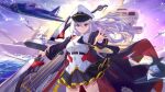  1girl aircraft airplane azur_lane black_coat black_neckwear black_skirt bow_(weapon) coat cowboy_shot enterprise_(azur_lane) flight_deck gold_trim hat highres holding holding_bow_(weapon) holding_weapon long_hair miniskirt necktie open_clothes open_coat outstretched_arm peaked_cap rigging shirt silver_hair skirt solo uniform violet_eyes water weapon white_headwear white_shirt xianz 