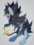  claws colored_sclera commentary_request electricity from_side full_body gen_4_pokemon grey_background luxray no_humans open_mouth paws pokemon pokemon_(creature) red_sclera sharp_teeth signature simple_background solo teeth toes tongue uru_(ururu0731) yellow_eyes 