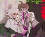  2boys bangs blood blood_on_face blush brown_eyes brown_hair censored dangan_ronpa_(series) dangan_ronpa_2:_goodbye_despair eating english_commentary green_eyes guro happy_halloween hinata_hajime komaeda_nagito lying male_focus mosaic_censoring multiple_boys necktie on_back open_mouth pink_blood print_shirt shirt short_hair sketch upper_teeth white_hair white_shirt yandr4hope zombie 