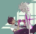  2boys ahoge blood blood_on_face bloody_clothes brown_eyes brown_hair chain collared_shirt commentary dangan_ronpa_(series) dangan_ronpa_2:_goodbye_despair from_side gag green_background grey_hair hands_up hinata_hajime impaled improvised_gag komaeda_nagito looking_at_another lying male_focus messy_hair multiple_boys necktie on_back pale_skin pants pink_blood print_shirt shirt short_hair short_sleeves sitting sitting_on_person tape tape_gag two-tone_background white_background white_hair yandr4hope 