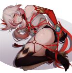  1girl bdsm black_gloves blush bondage bound clenched_teeth eyebrows_visible_through_hair fu_hua fu_hua_(phoenix) gloves hair_between_eyes hair_ornament honkai_(series) honkai_impact_3rd long_hair lying negom on_side one_eye_closed red_eyes redhead restrained rope shibari simple_background solo sweat teeth thighs white_background white_hair 