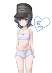  1girl arare_(kancolle) artist_name black_hair bra brown_eyes character_name flat_chest hat highres kantai_collection looking_at_viewer navel panties short_hair simple_background solo standing t2r underwear white_background white_bra white_panties 
