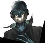  1boy blue_skin collarbone colored_skin covered_eyes fantasy fingernails hand_on_own_chest helmet lordroach male_focus original science_fiction scratches simple_background sketch solo upper_body white_background 