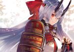  1girl armor breasts fate/grand_order fate_(series) fingerless_gloves floating_hair gloves hair_between_eyes hand_on_hilt headband horns japanese_armor katana long_hair looking_at_viewer medium_breasts oni_horns red_eyes shirabi shoulder_armor silver_hair smile sode solo sword tomoe_gozen_(fate) upper_body weapon 