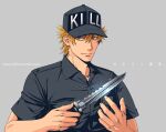  1boy baseball_cap black_shirt blonde_hair dagger hat hataraku_saibou holding holding_dagger holding_weapon killer_t_(hataraku_saibou) knife kogarasumaru male_focus military military_uniform pectorals shirt short_hair short_sleeves smile solo toned toned_male uniform upper_body weapon 